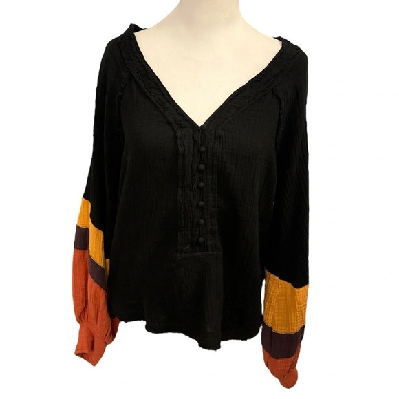 Fate Color Block Cotton Gauze Pullover V-Neck Balloon Long Sleeve Shirt Top S - Picture 2 of 14